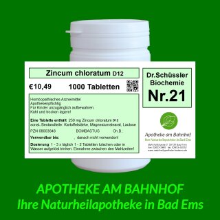 Schüßler-Salz Nr.21 Zincum chloratum D6 - 4000 Tabletten Bombastus